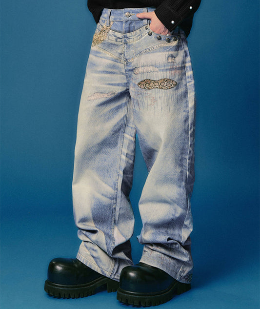 Embroidery Wash Wide Leg Denim Jeans WN23208