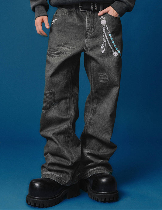 Chain Detail Damage Straight Leg Denim Jeans WN23212