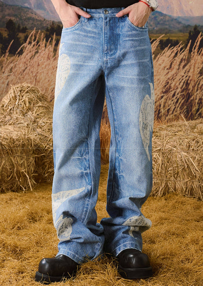 Wing Embroidery Wide Leg Denim Jeans WN23216