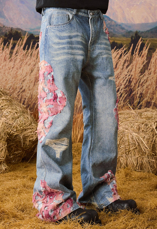 Lace Print Damage Wide Leg Denim Jeans WN23222