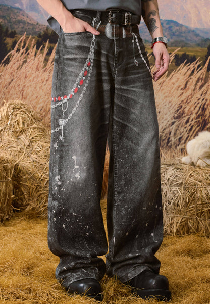 Chain Detail Paint Print Wide Leg Denim Jeans WN23228