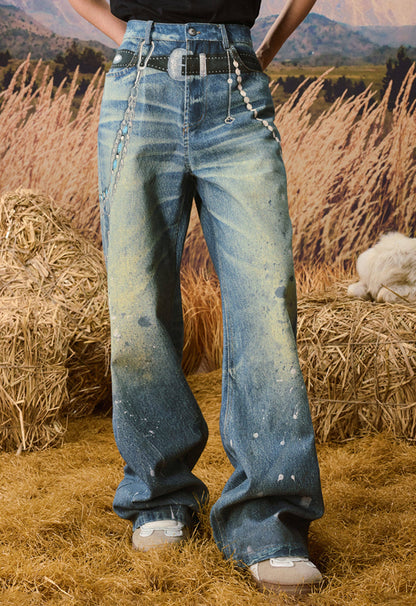 Chain Detail Paint Print Wide Leg Denim Jeans WN23228