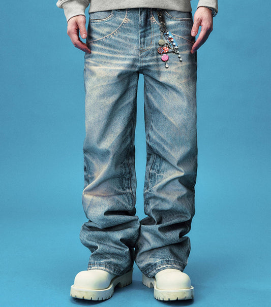 Chain Detail Wash Straight Denim Jeans WN23235