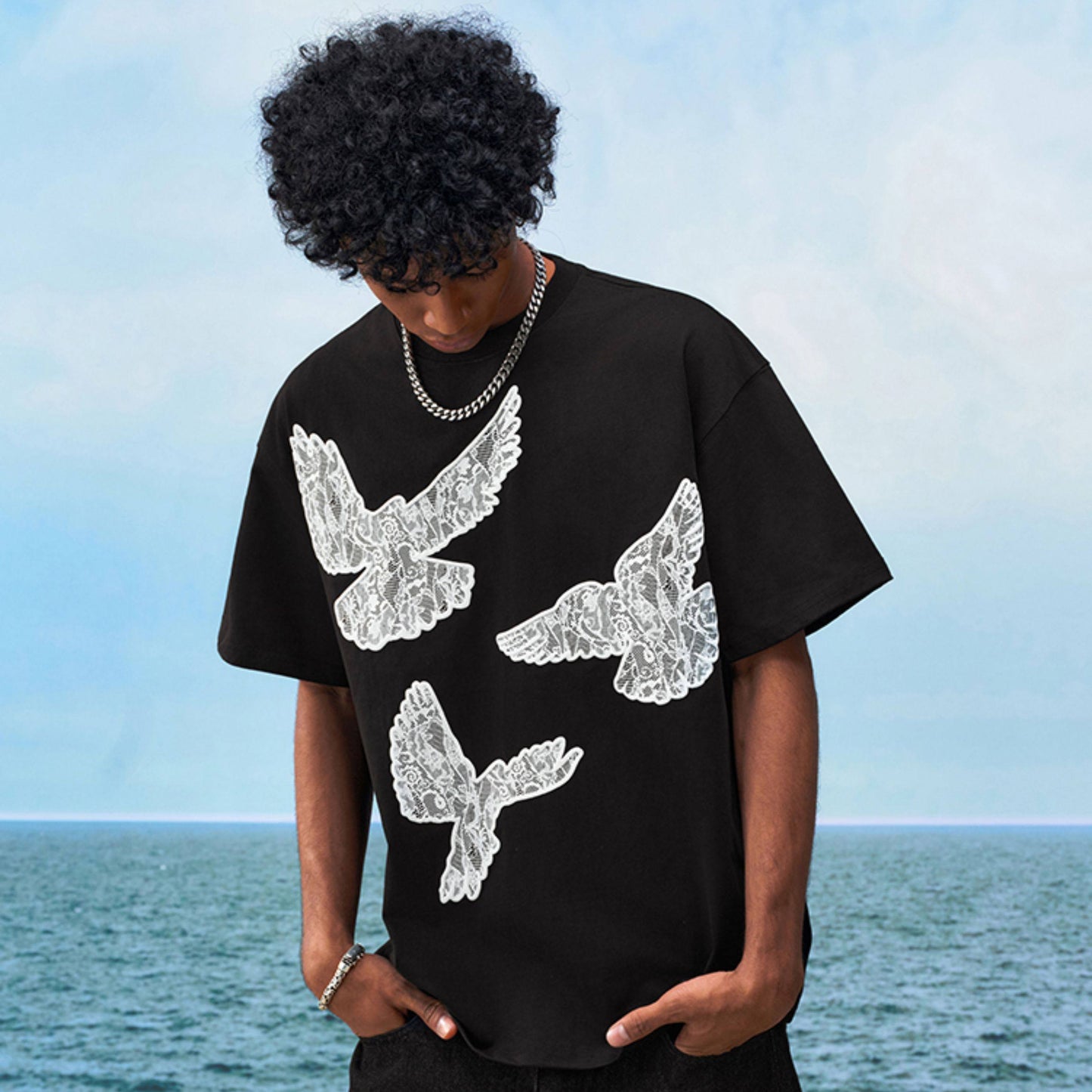 Bird Lace Embroidery Short Sleeve T-Shirt WN23239