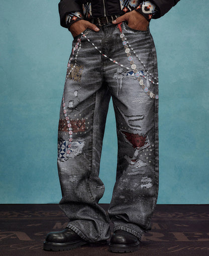 Chain Detail Ethnic Print Wide Leg Denim Jeans WN23243