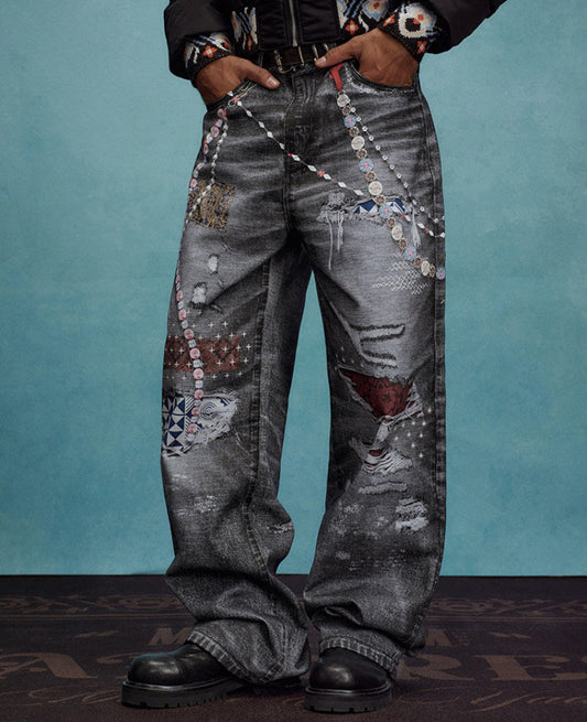 Chain Detail Ethnic Print Wide Leg Denim Jeans WN23243