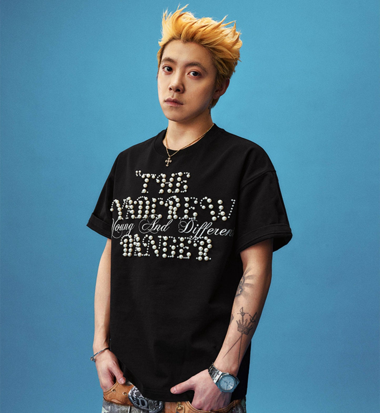 Pearl Letter Embroidery Oversize Short Sleeve T-Shirt WN23246