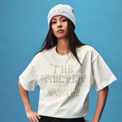 Pearl Letter Embroidery Oversize Short Sleeve T-Shirt WN23246