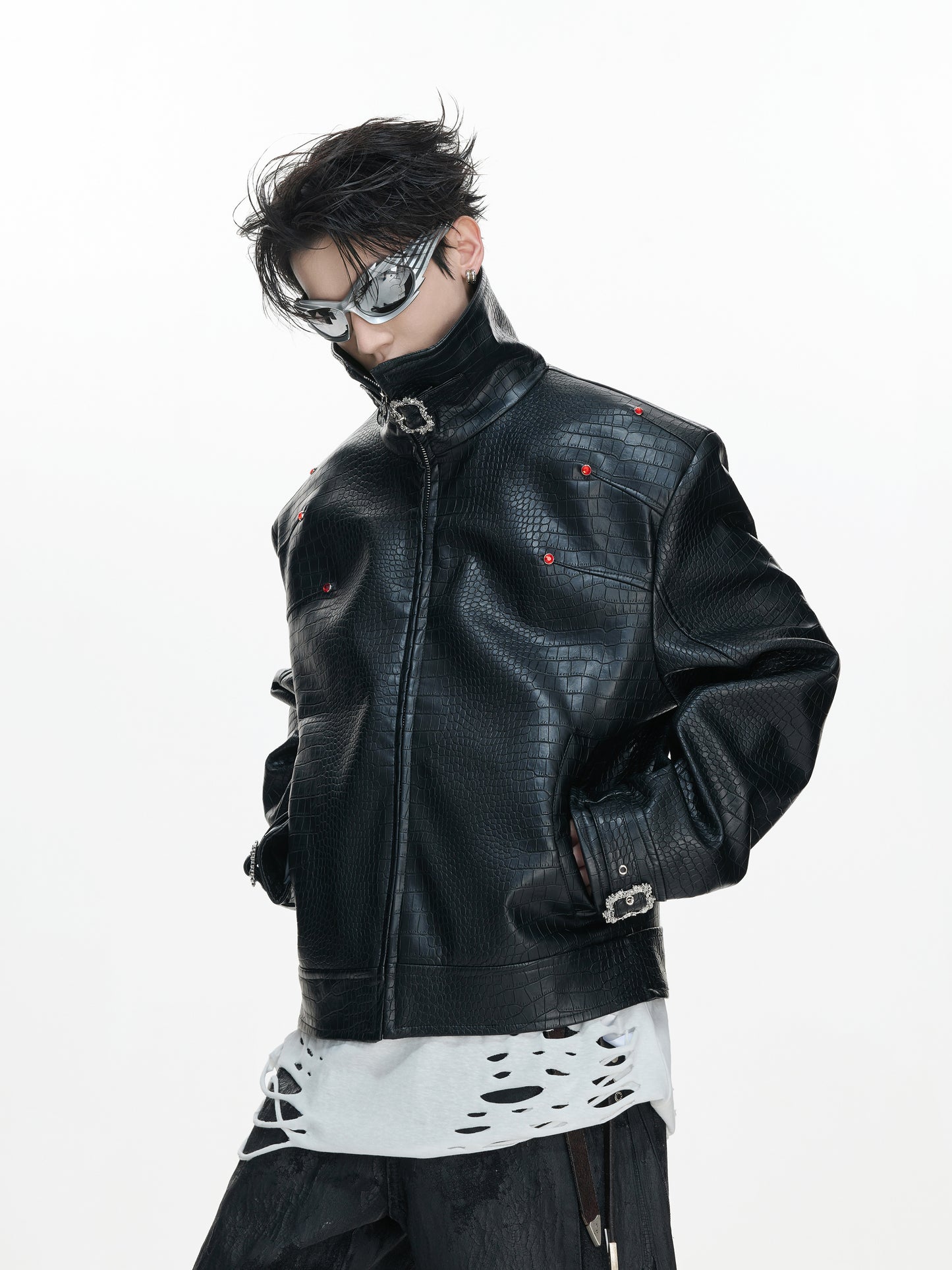 Crocodile Texture Stand Neck Palace Button Short Jacket WN23307