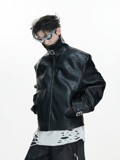 Crocodile Texture Stand Neck Palace Button Short Jacket WN23307