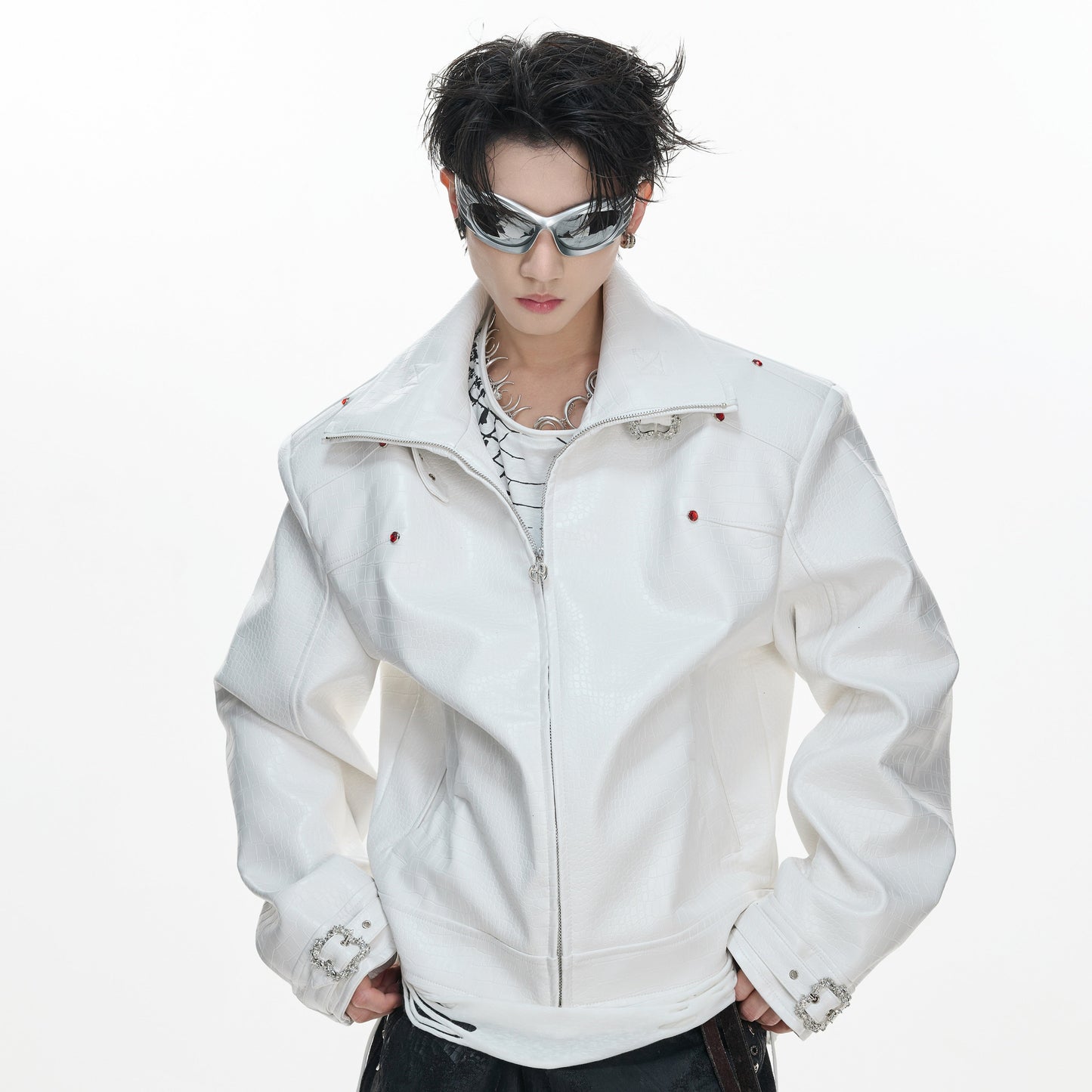 Crocodile Texture Stand Neck Palace Button Short Jacket WN23307