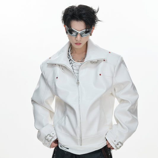 Crocodile Texture Stand Neck Palace Button Short Jacket WN23307
