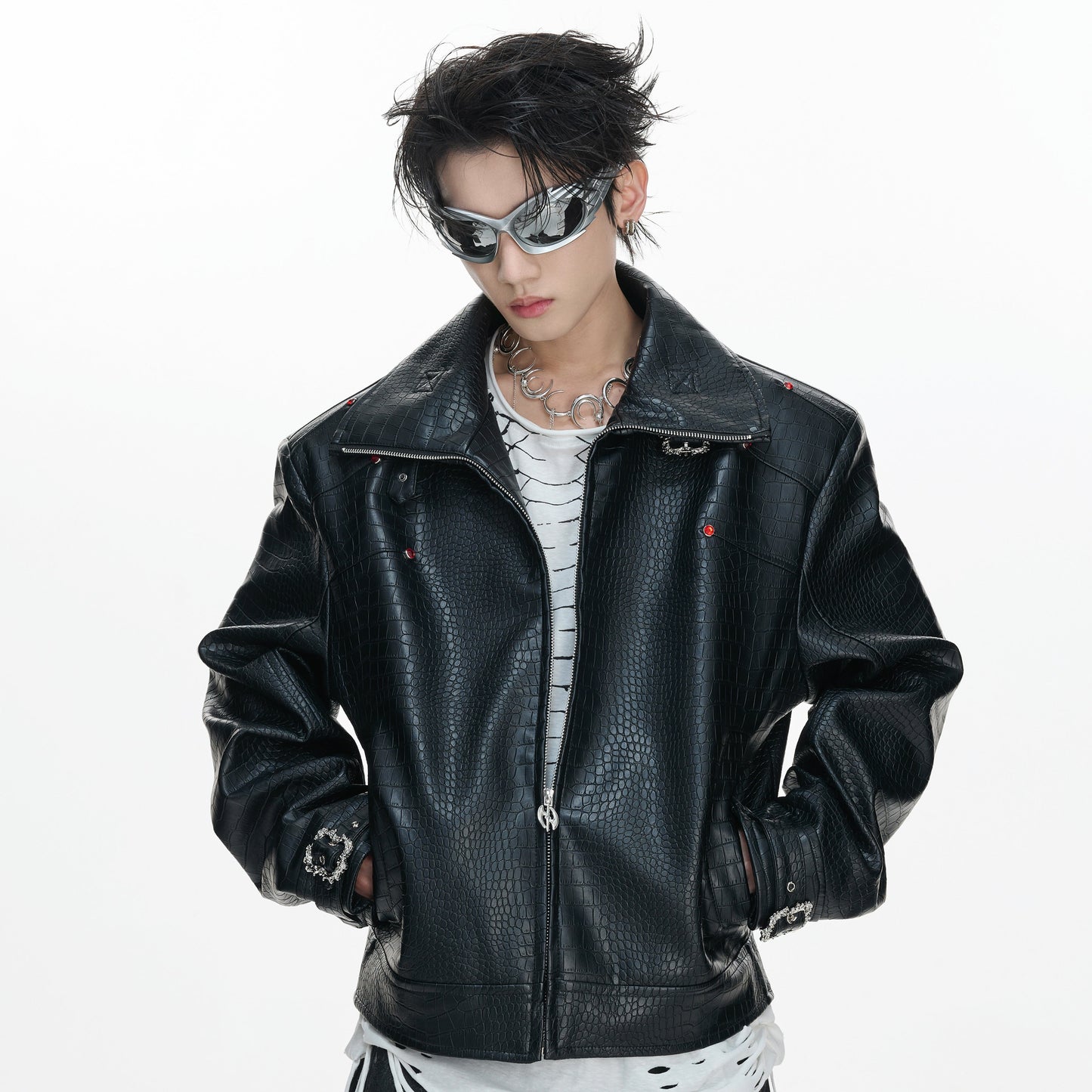 Crocodile Texture Stand Neck Palace Button Short Jacket WN23307