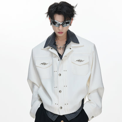 Stripe Fake Layered Metal Button Short Jacket WN23308