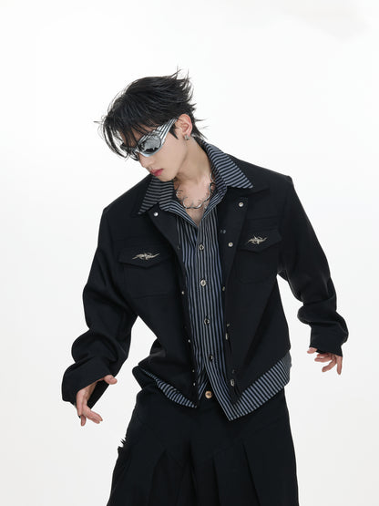 Stripe Fake Layered Metal Button Short Jacket WN23308