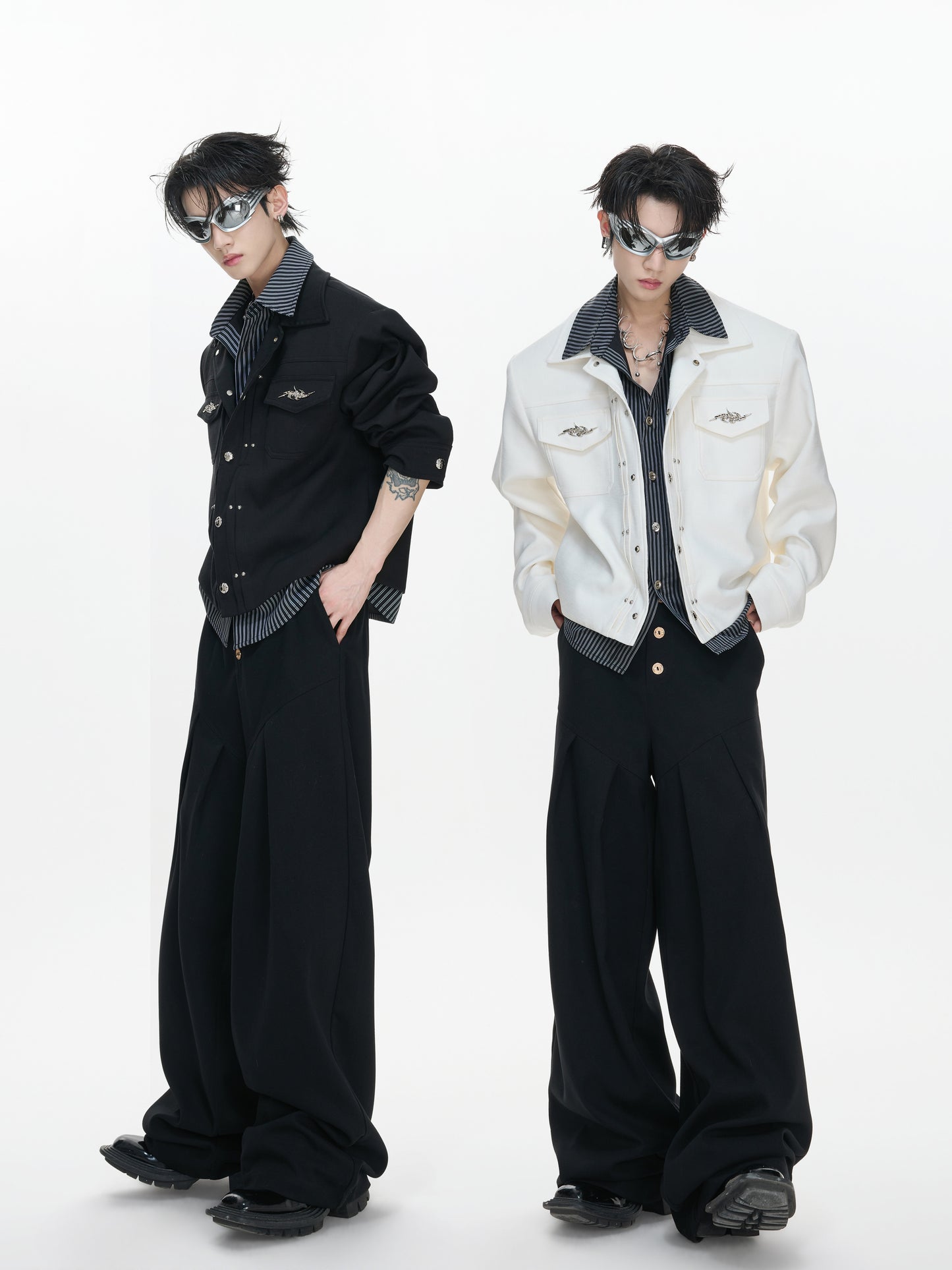 Stripe Fake Layered Metal Button Short Jacket WN23308