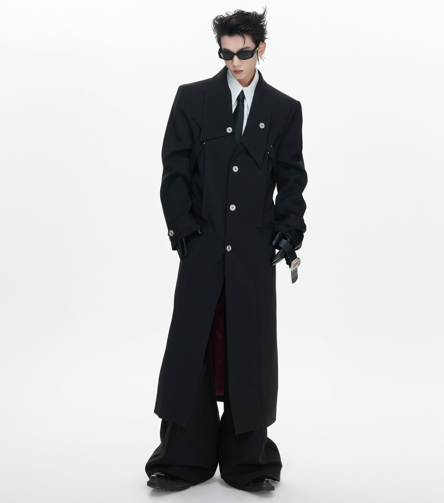 Waist-Cinched Slit Notch-Lapel Coat WN23312