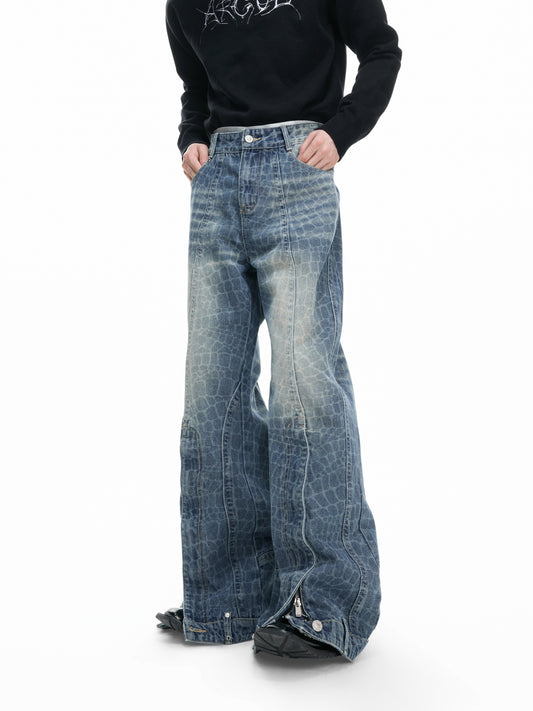 Cracked Texture Washed Slit Straight Denim Jeans WN23314