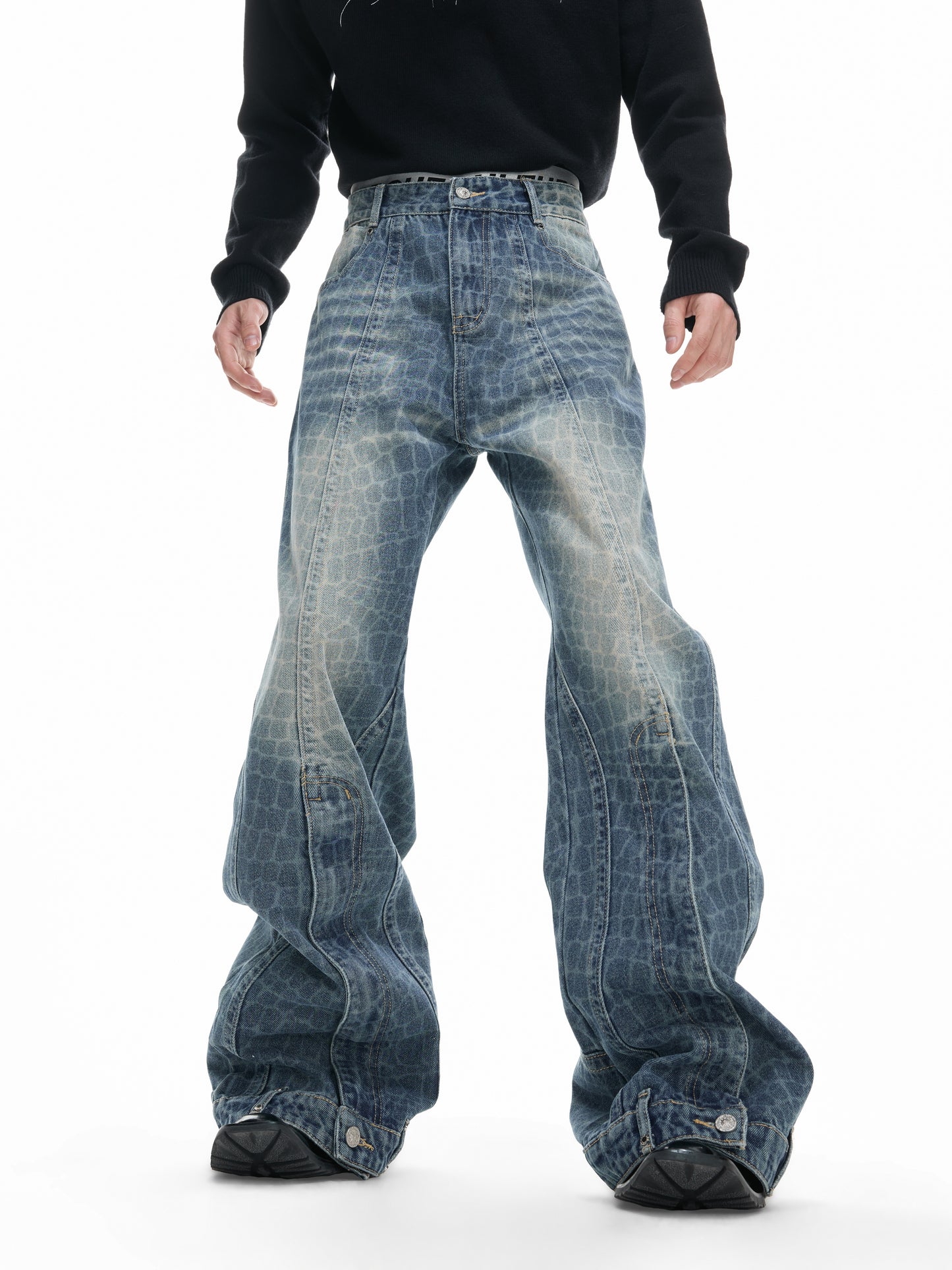 Cracked Texture Washed Slit Straight Denim Jeans WN23314