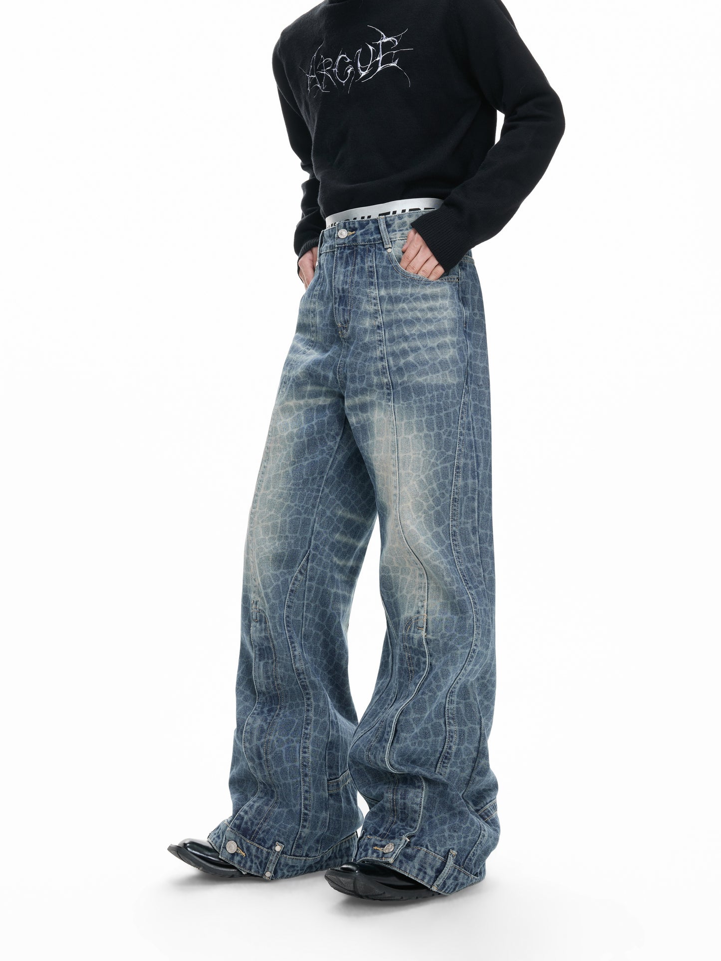 Cracked Texture Washed Slit Straight Denim Jeans WN23314