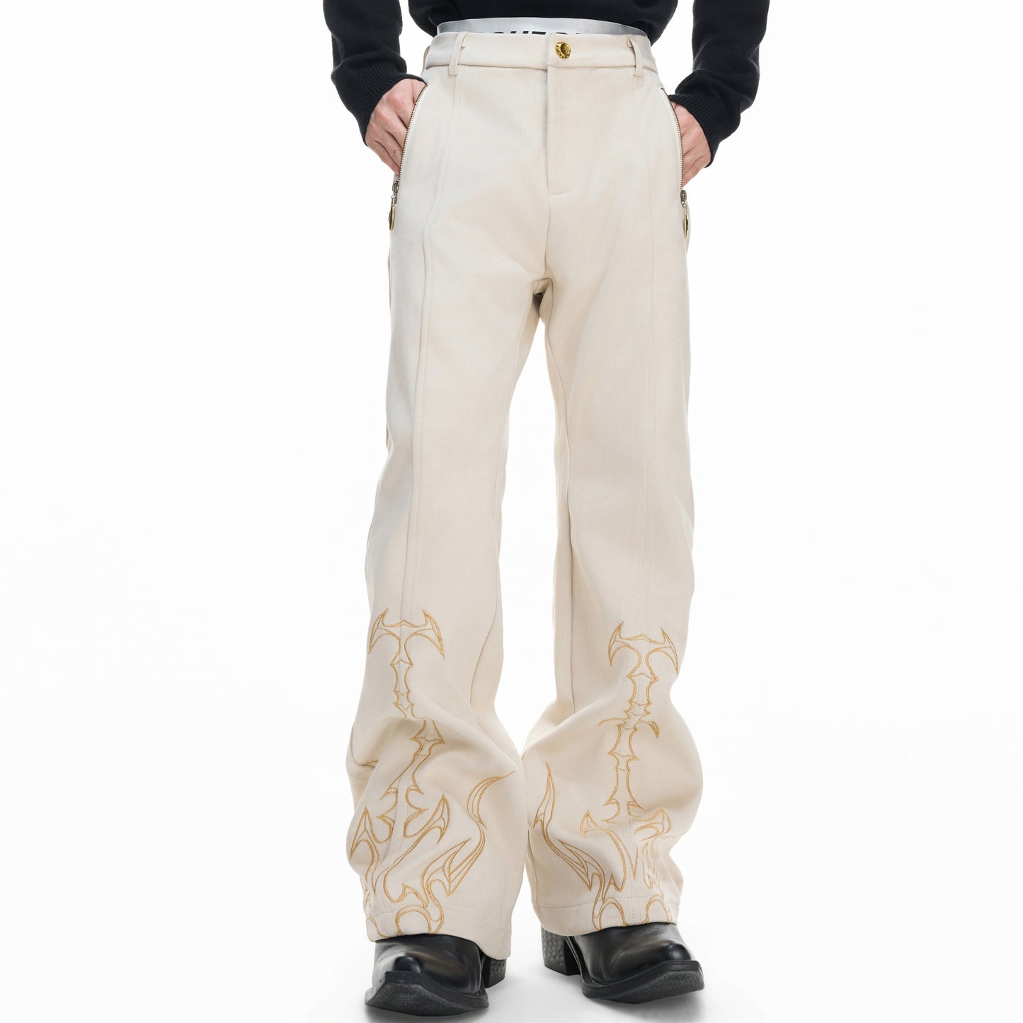 Thorn Bone Totem Embroidery Metal Zipper Flare Pants WN23315