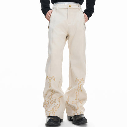 Thorn Bone Totem Embroidery Metal Zipper Flare Pants WN23315