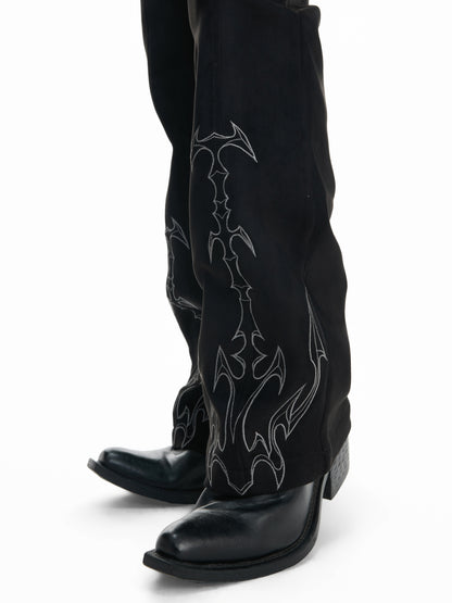 Thorn Bone Totem Embroidery Metal Zipper Flare Pants WN23315