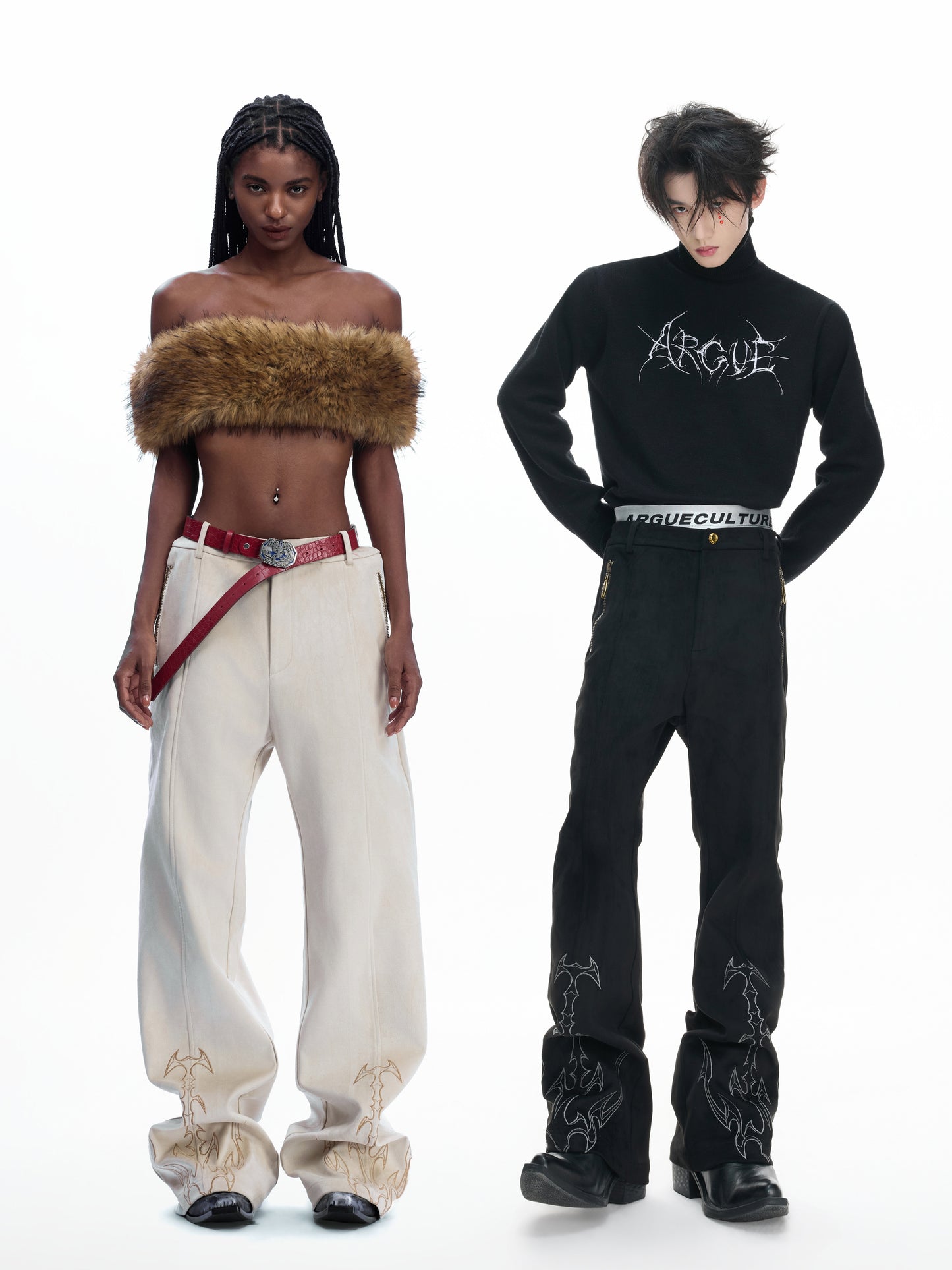 Thorn Bone Totem Embroidery Metal Zipper Flare Pants WN23315