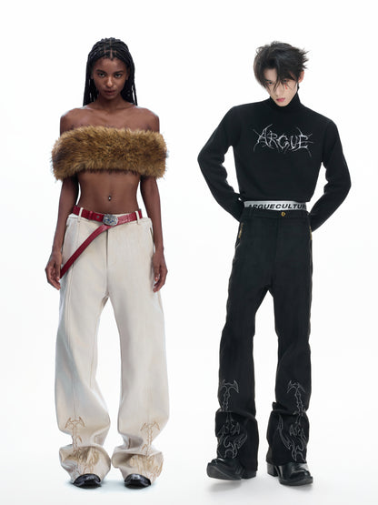 Thorn Bone Totem Embroidery Metal Zipper Flare Pants WN23315