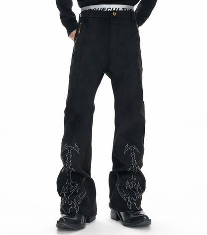 Thorn Bone Totem Embroidery Metal Zipper Flare Pants WN23315