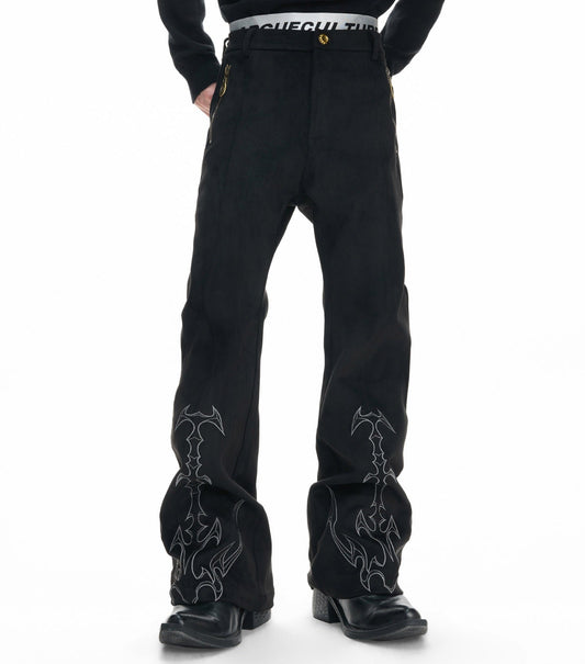 Thorn Bone Totem Embroidery Metal Zipper Flare Pants WN23315