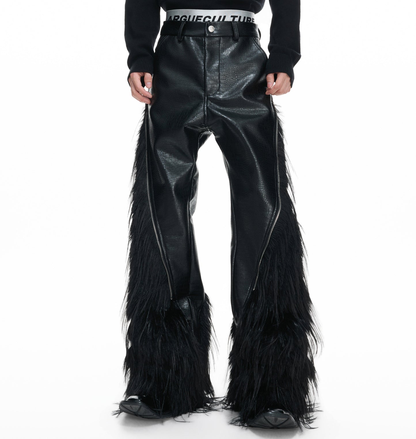 Fake Wolf Fur Patchwork Crocodile Texture Metal Zipper Straight PU Leather Pants WN23316