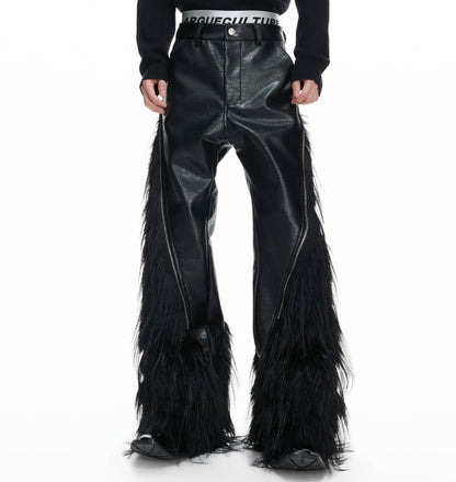 Fake Wolf Fur Patchwork Crocodile Texture Metal Zipper Straight PU Leather Pants WN23316