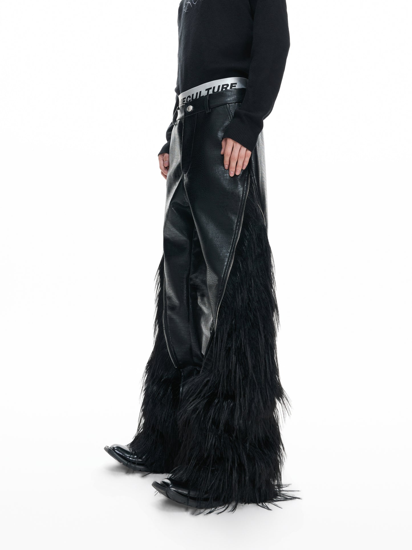 Fake Wolf Fur Patchwork Crocodile Texture Metal Zipper Straight PU Leather Pants WN23316