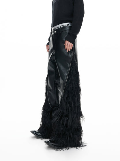 Fake Wolf Fur Patchwork Crocodile Texture Metal Zipper Straight PU Leather Pants WN23316