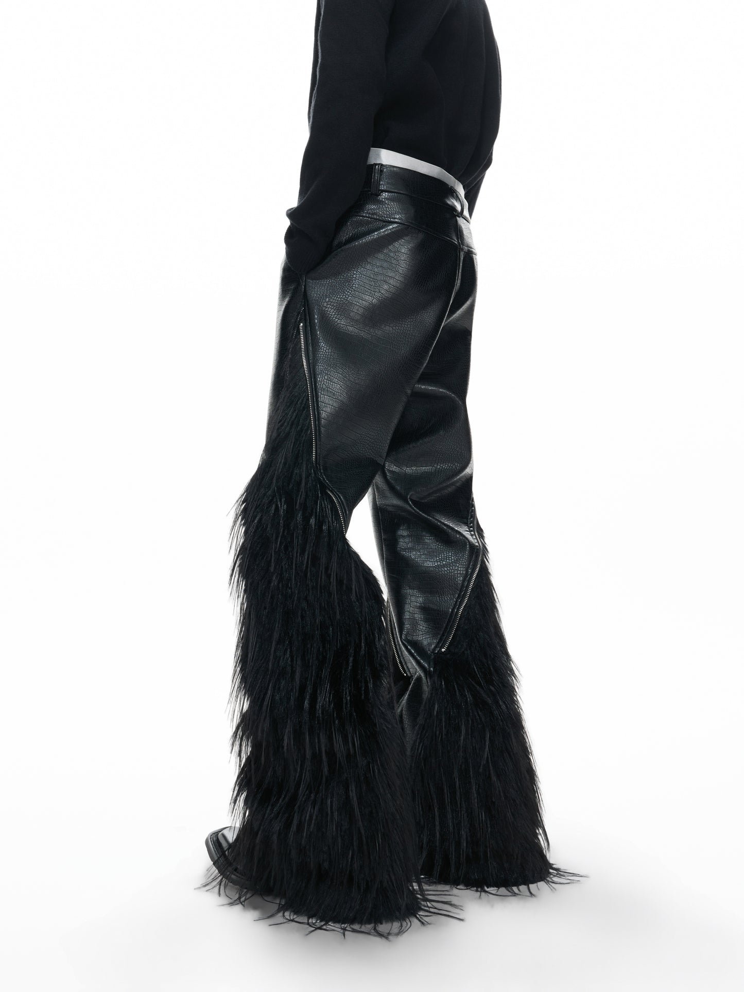 Fake Wolf Fur Patchwork Crocodile Texture Metal Zipper Straight PU Leather Pants WN23316
