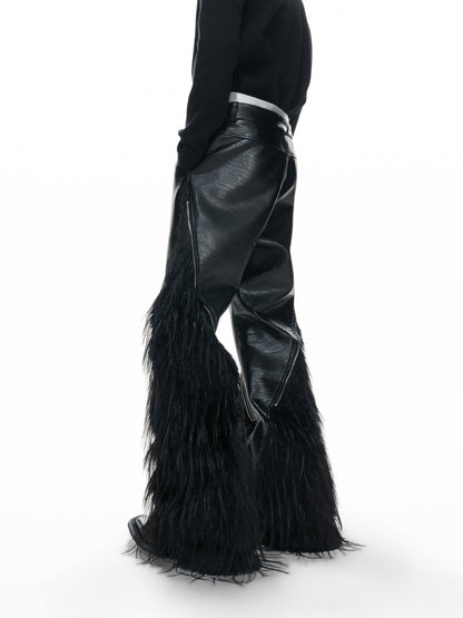 Fake Wolf Fur Patchwork Crocodile Texture Metal Zipper Straight PU Leather Pants WN23316