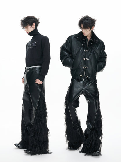Fake Wolf Fur Patchwork Crocodile Texture Metal Zipper Straight PU Leather Pants WN23316