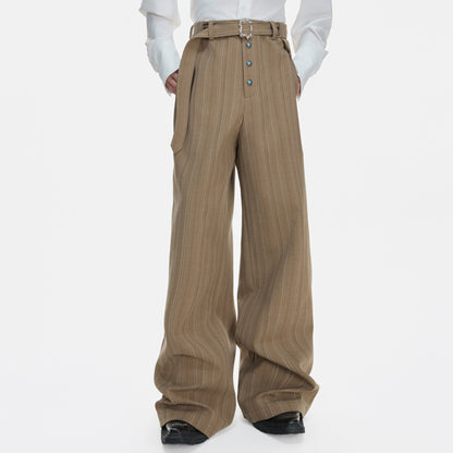 Pleats Stripe High-Waist Belt Straight Trousers WN23317