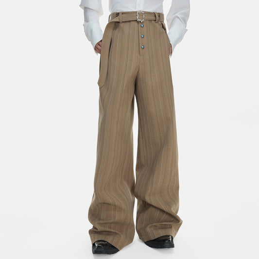 Pleats Stripe High-Waist Belt Straight Trousers WN23317