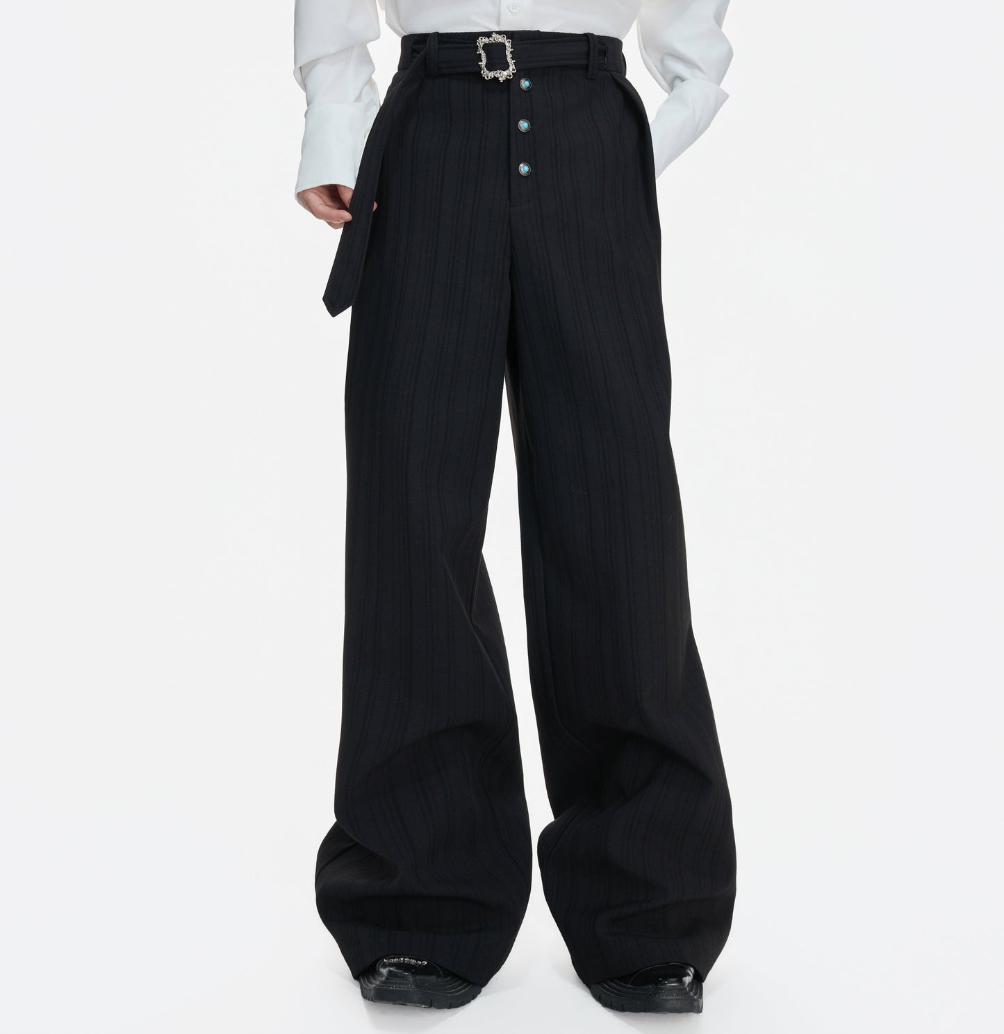 Pleats Stripe High-Waist Belt Straight Trousers WN23317
