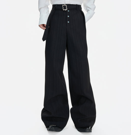 Pleats Stripe High-Waist Belt Straight Trousers WN23317
