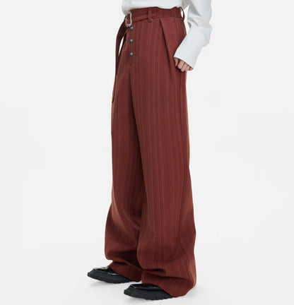 Pleats Stripe High-Waist Belt Straight Trousers WN23317