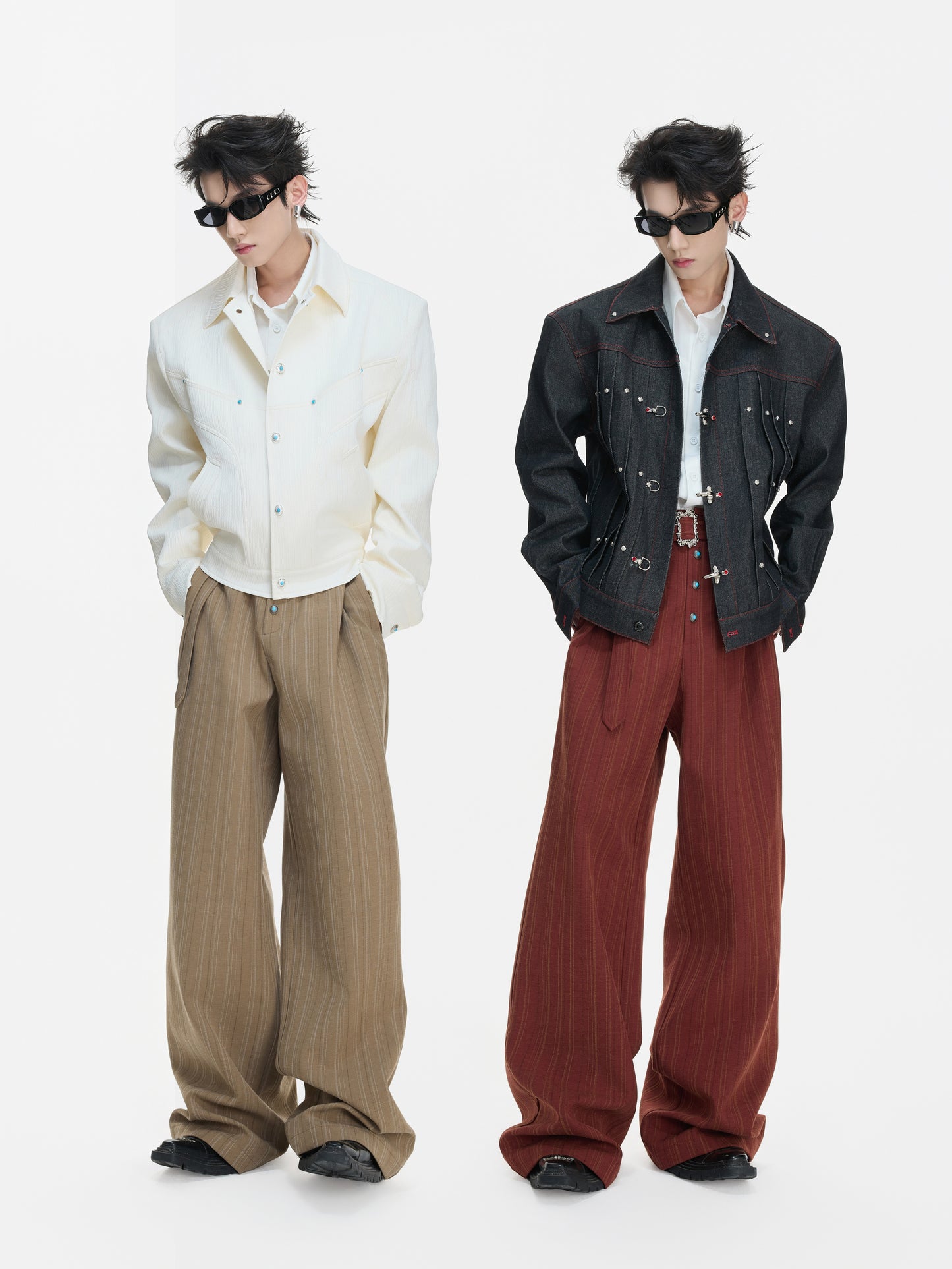 Pleats Stripe High-Waist Belt Straight Trousers WN23317