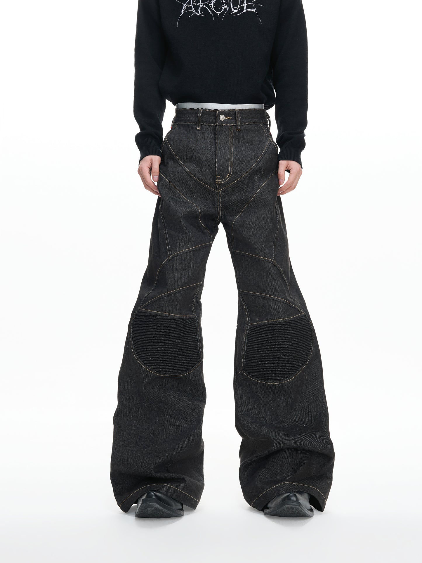 14.5oz Selvedge Knee Pleats Deconstructed Flare Denim Jeans WN23322