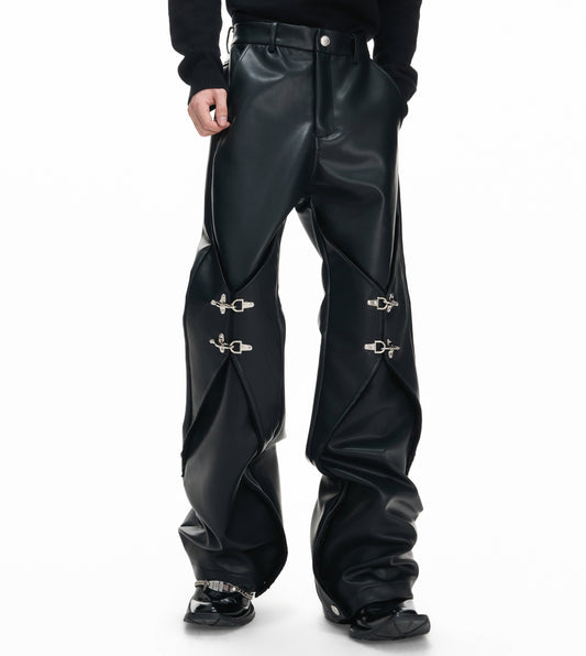 Wax Coating Panel Metal Buckle Straight PU Leather Pants WN23324