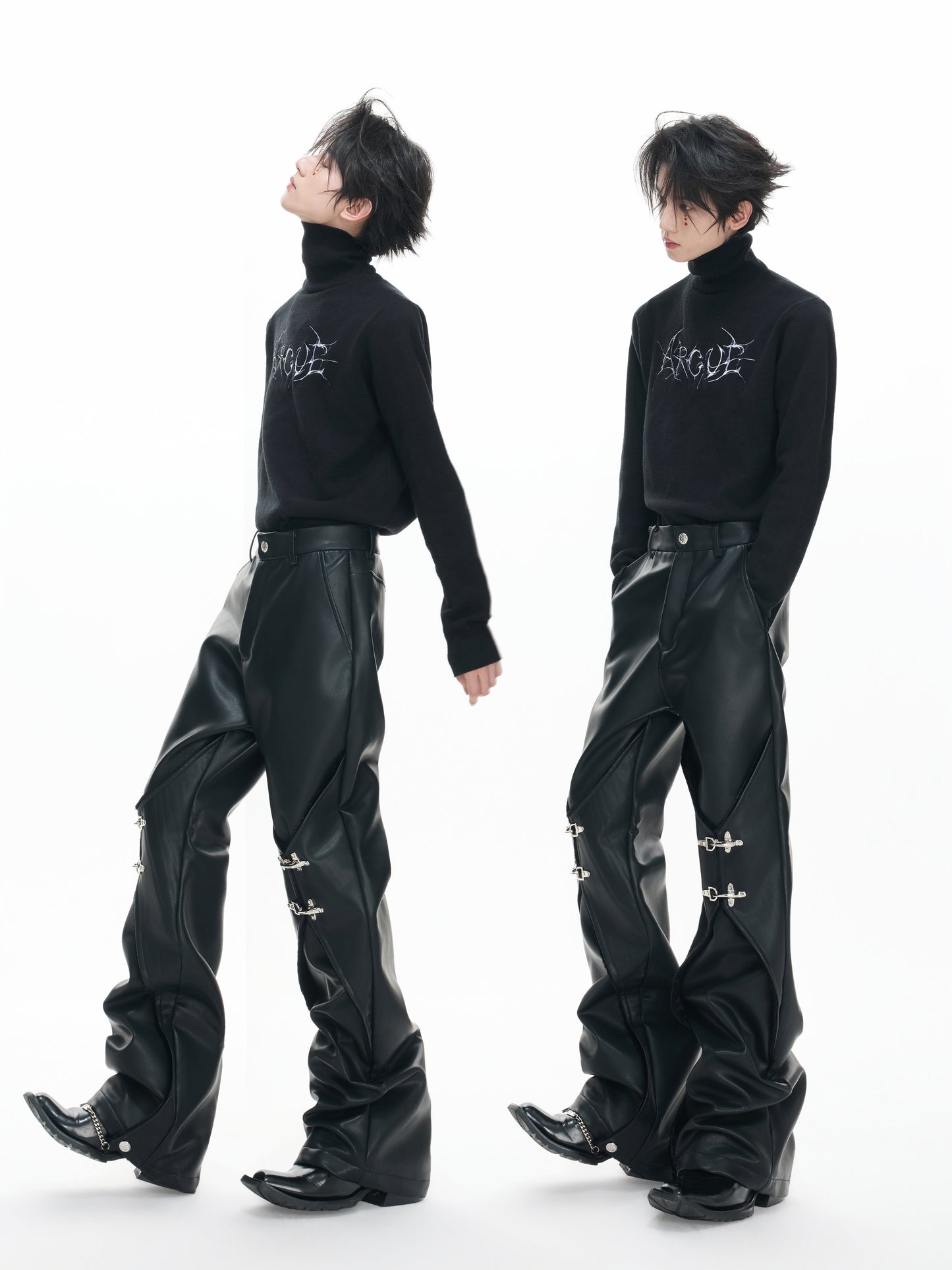 Wax Coating Panel Metal Buckle Straight PU Leather Pants WN23324