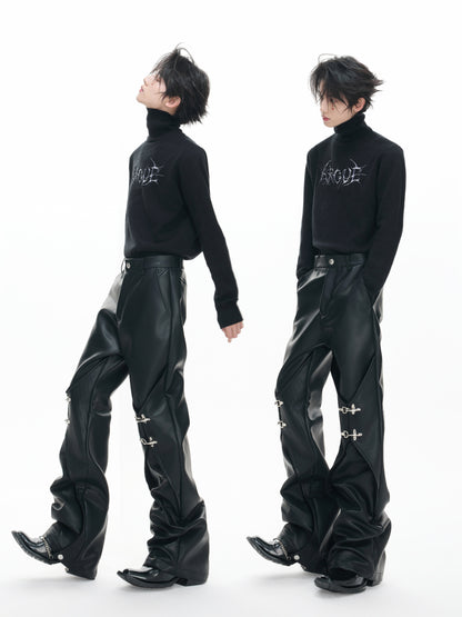 Wax Coating Panel Metal Buckle Straight PU Leather Pants WN23324