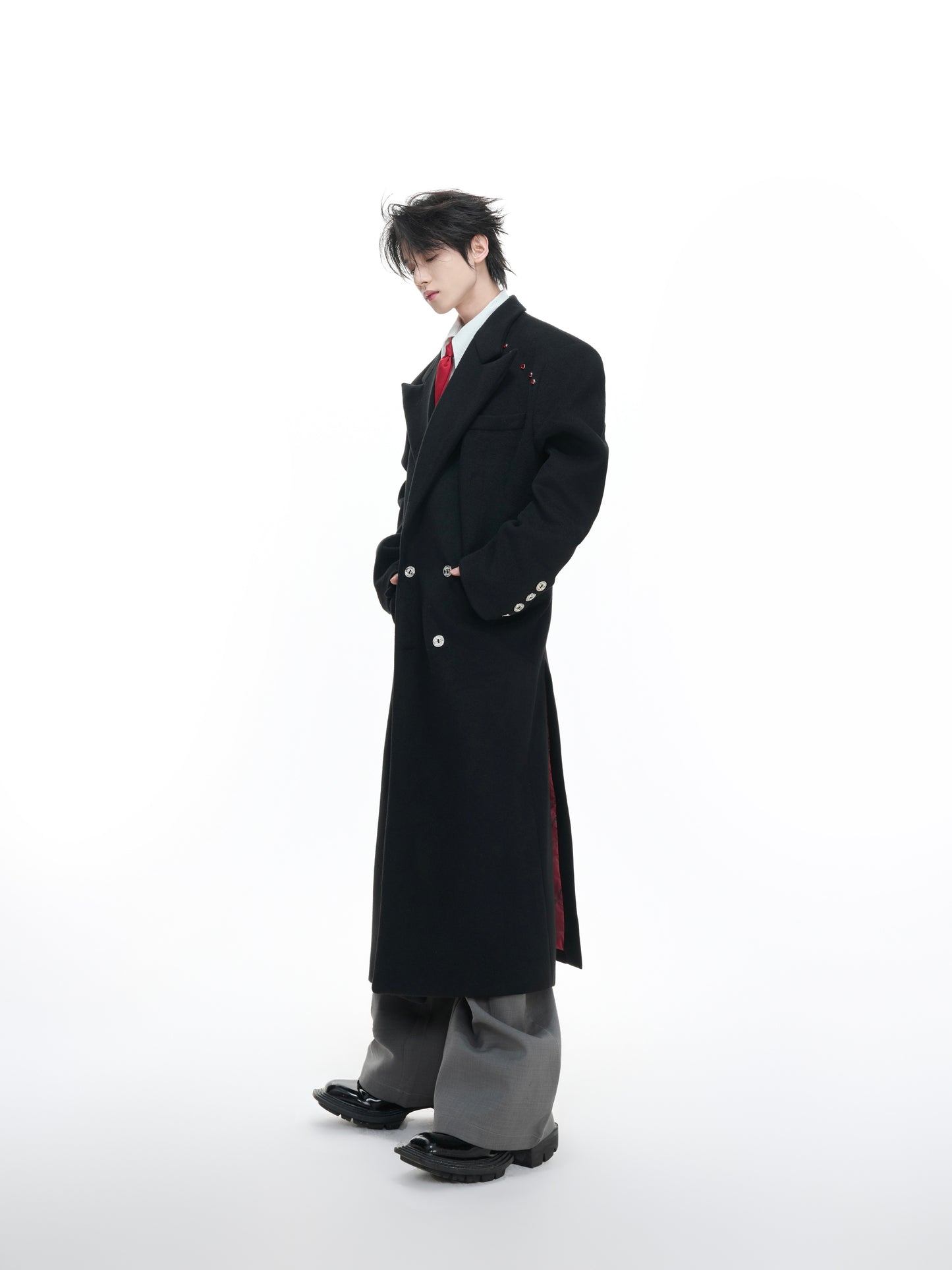 Heavyweight Double-Breasted Waist-Cinched Slit Coat WN23330