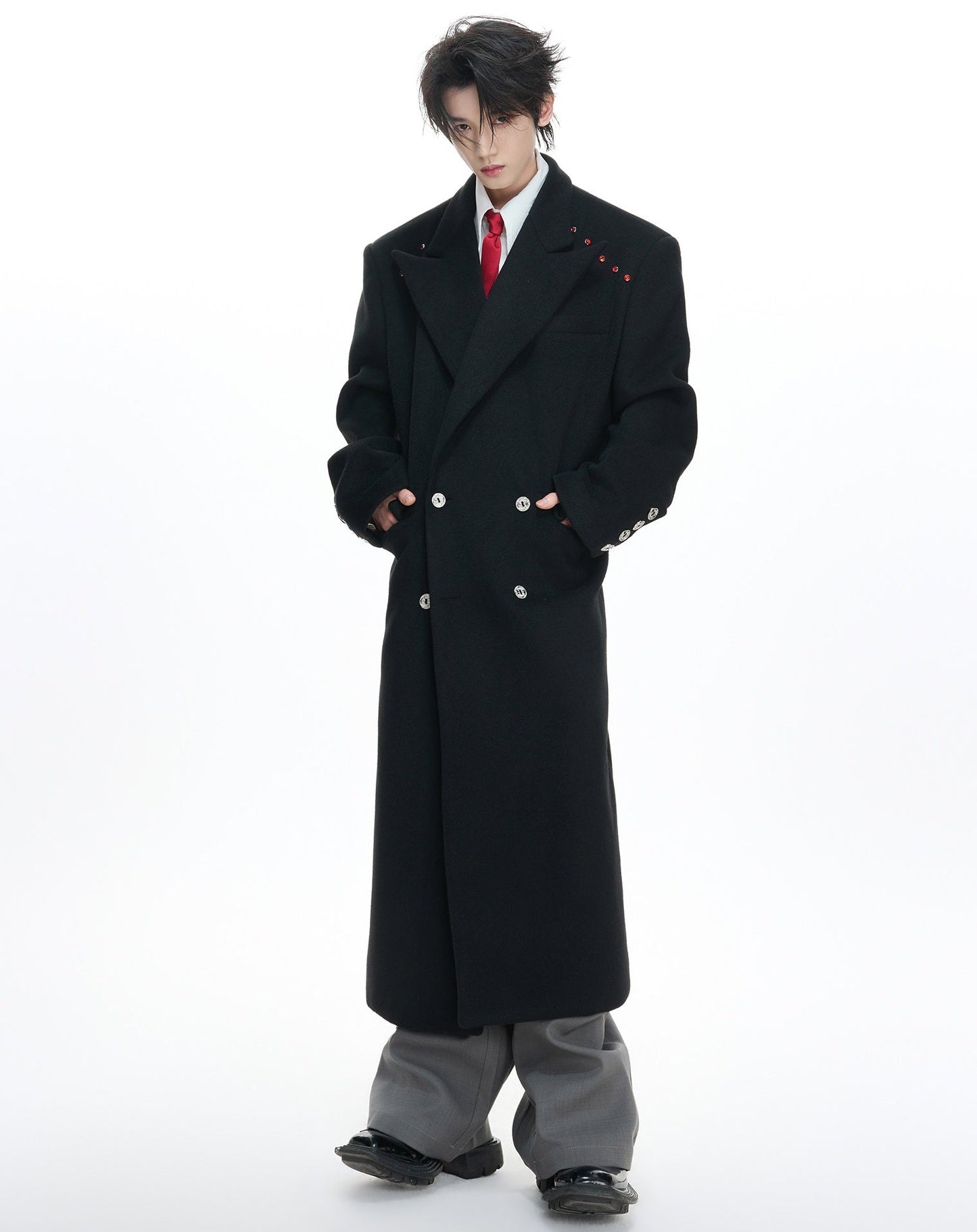 Heavyweight Double-Breasted Waist-Cinched Slit Coat WN23330